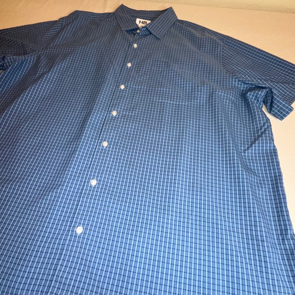 HB Mens 2XL Blue Micro Check Short Sleeve Button Down Shirt Pocket Polyester